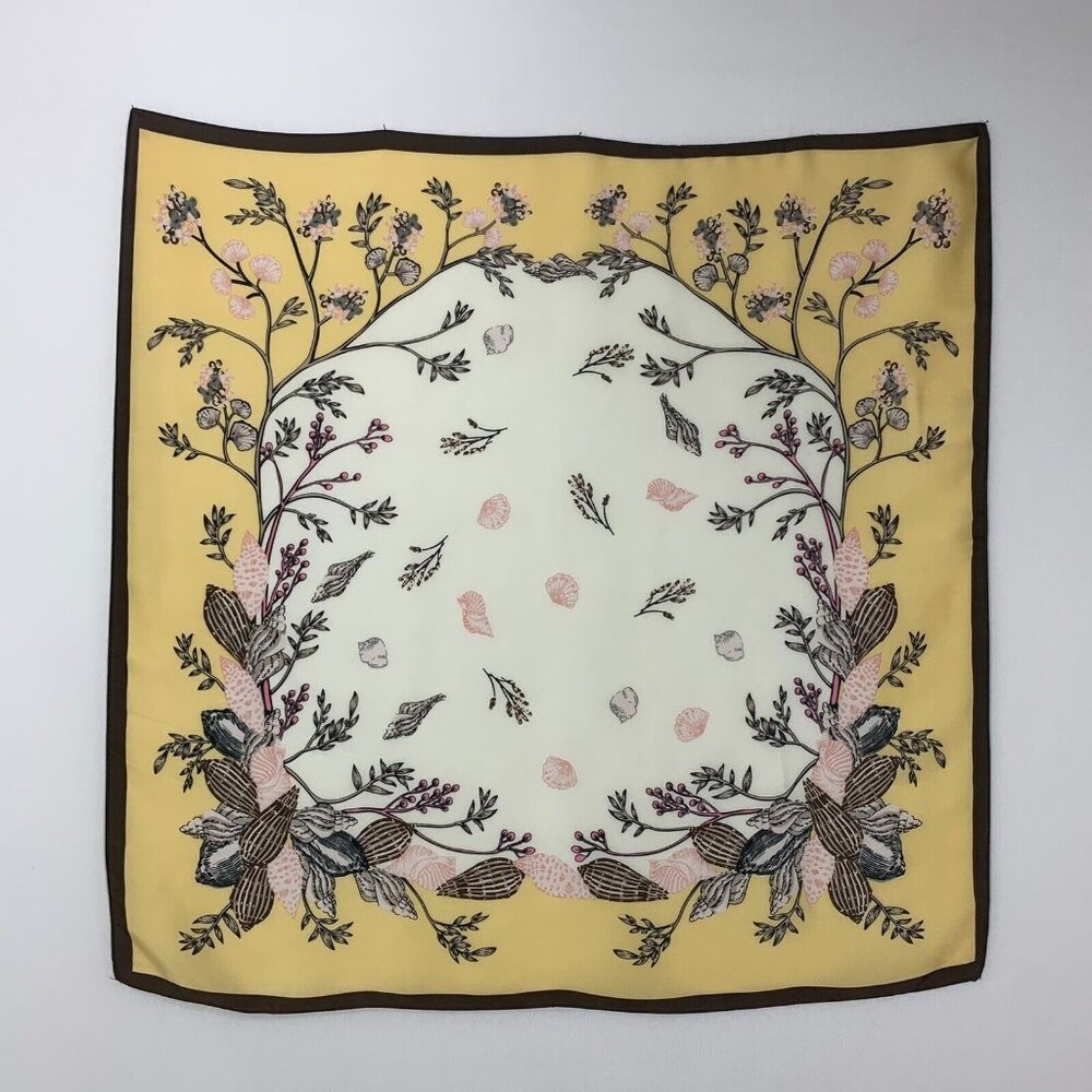 Silk Scarf Large Square Print Shawl Wraps Yellow Blue 27" - Picture 3 of 4